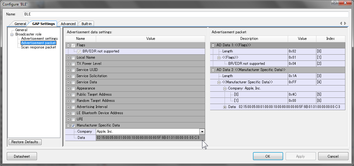 GAP Settings - Advertisement packet GAP Settings - Advertisement packet