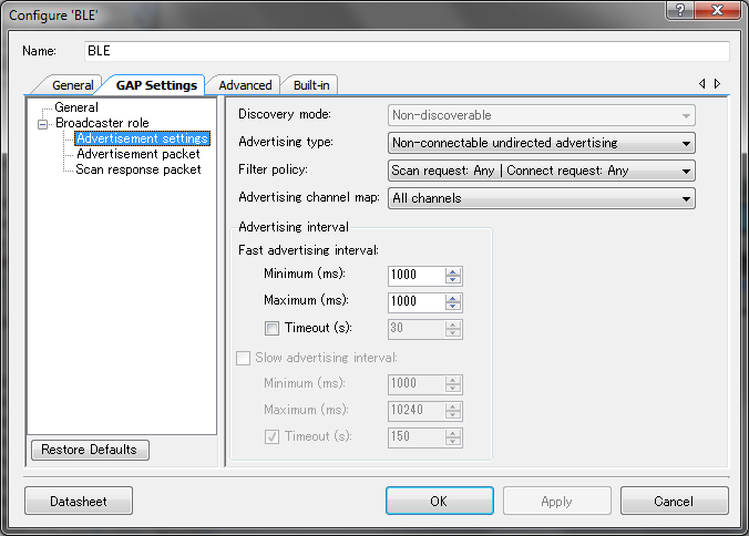 GAP Settings - Advertisement settings GAP Settings - Advertisement settings