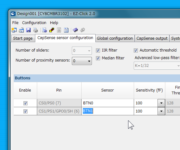 CapSense sensor configuration タブ CapSense sensor configuration タブ